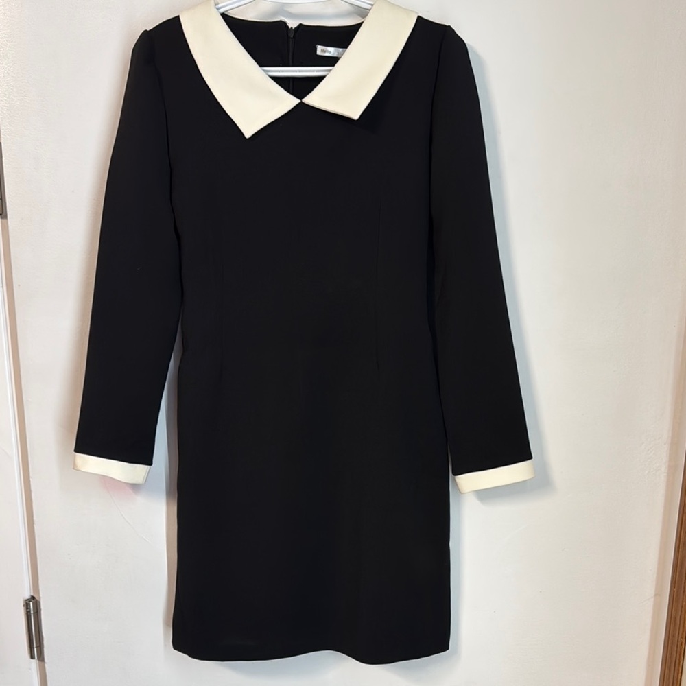 Black and White Sheath Dress with Long Cuffed Sleeves and Peter Pan Collar